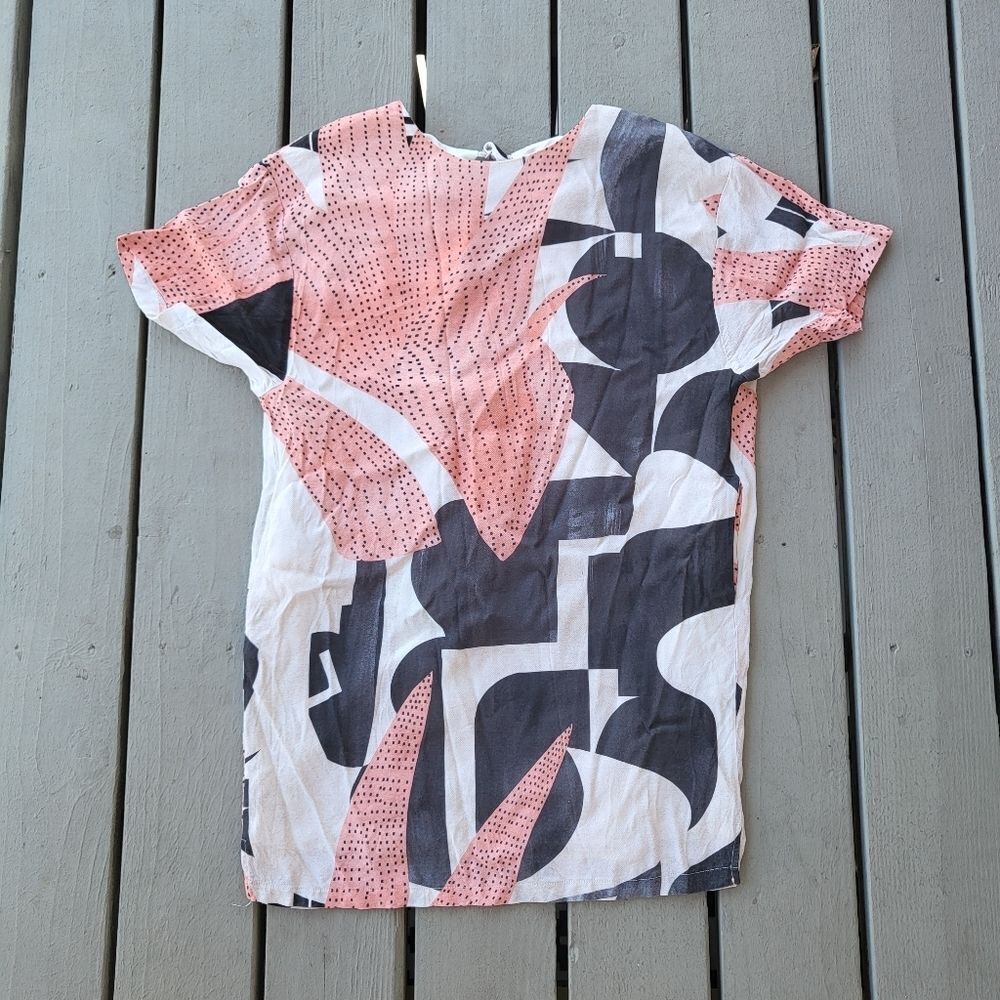 Oliver Bonas Block Print Tunic Dress Short Sleeve Knee Length Pink Black Size 12 - Picture 2 of 7